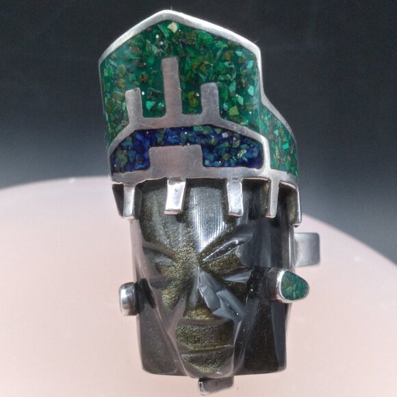 Vintage Sterling Silver Carved Tribal Onyx Mask crushed Malachite & Lapis Lazuli - Picture 1 of 4